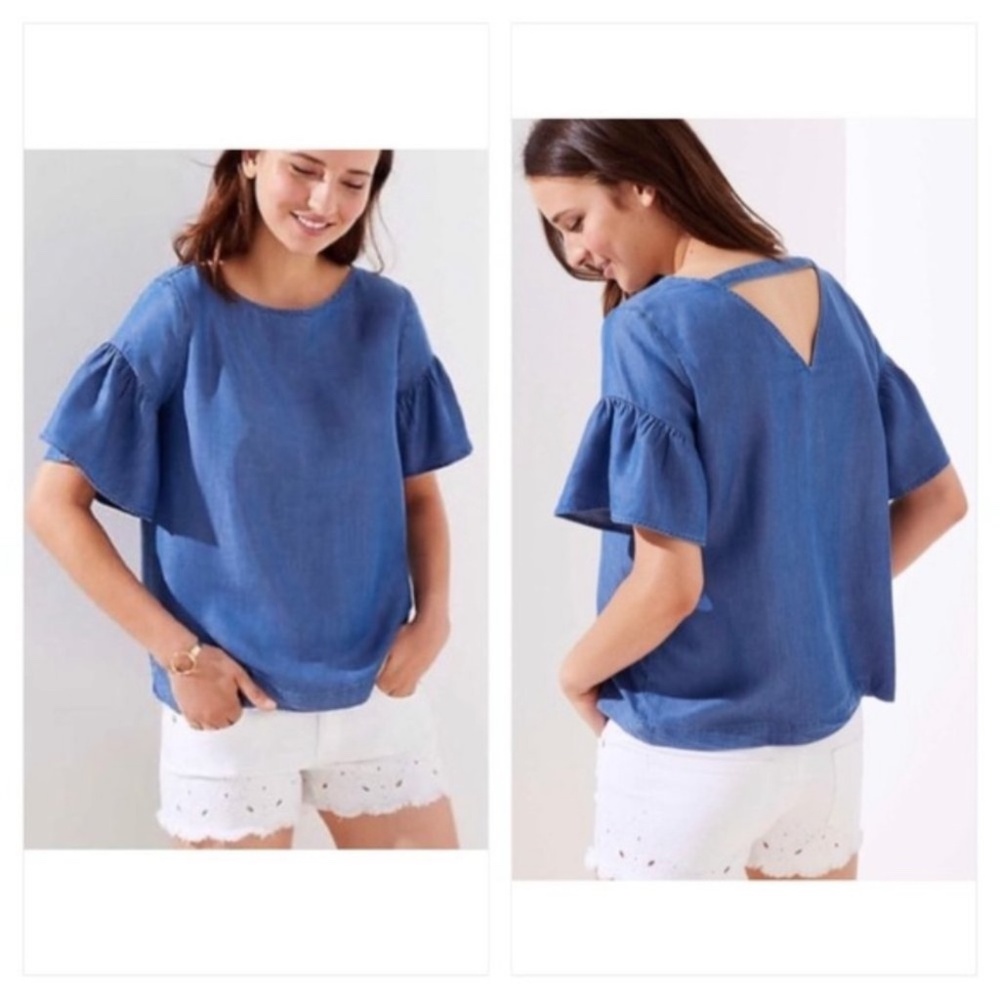 Loft Chambray Open Back With Flutter Sleeves Top M - image 1